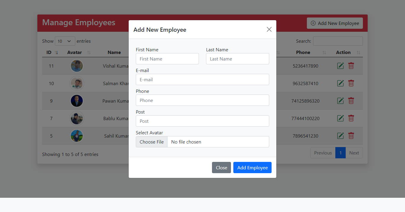 CRUD Application With Image Upload Using Laravel 8, jQuery - Ajax, SweetAlert & DataTable