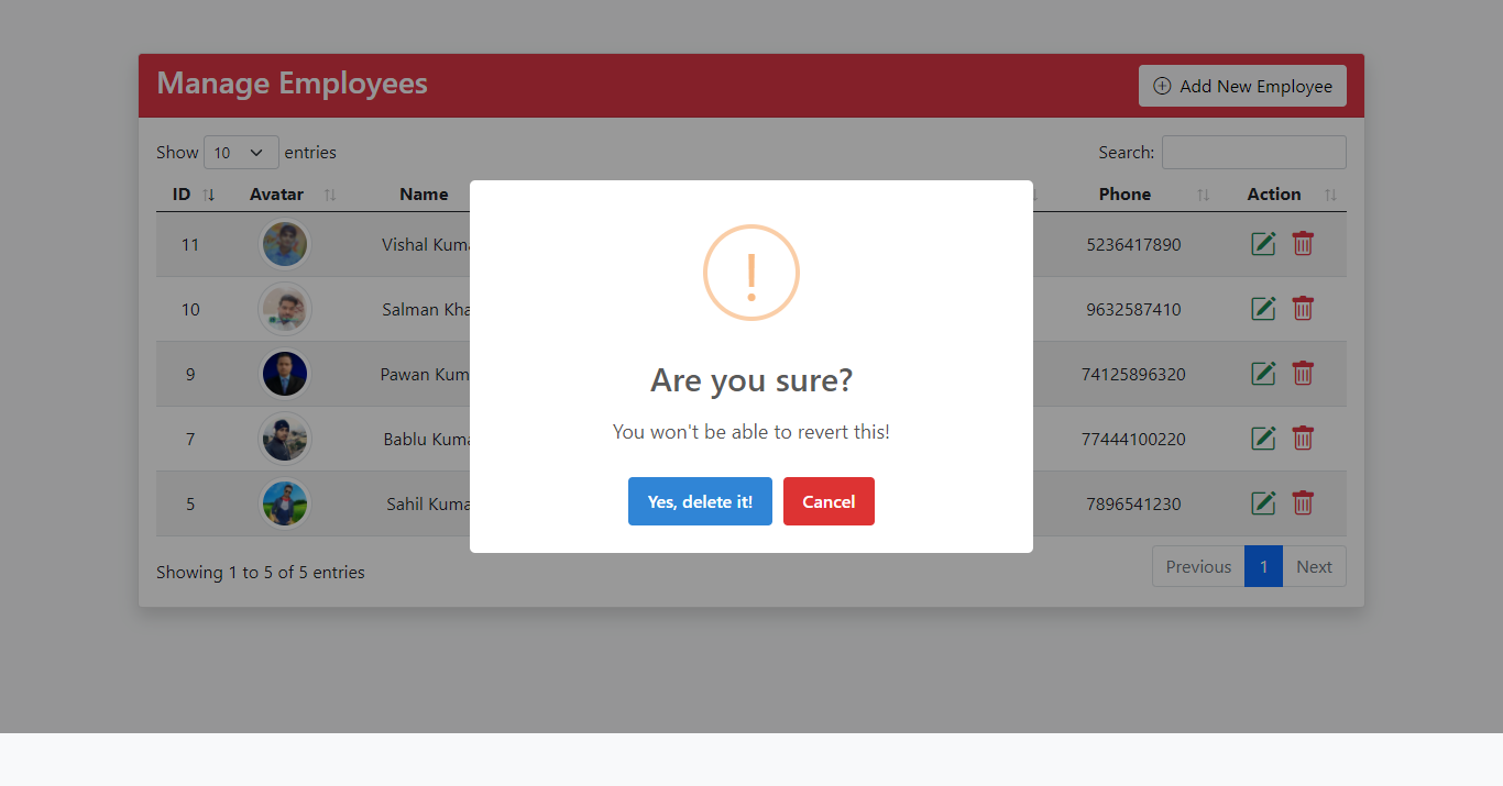 CRUD Application With Image Upload Using Laravel 8, jQuery - Ajax, SweetAlert & DataTable