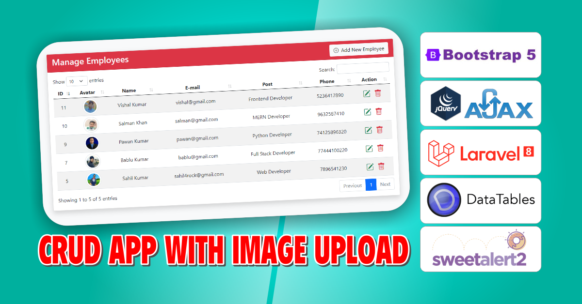 CRUD Application With Image Upload Using Laravel 8, jQuery - Ajax, SweetAlert & DataTable